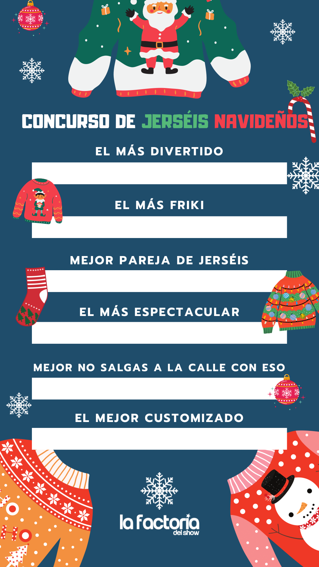 categorias para un concurso de jerséis feos navideños / ugly sweater party