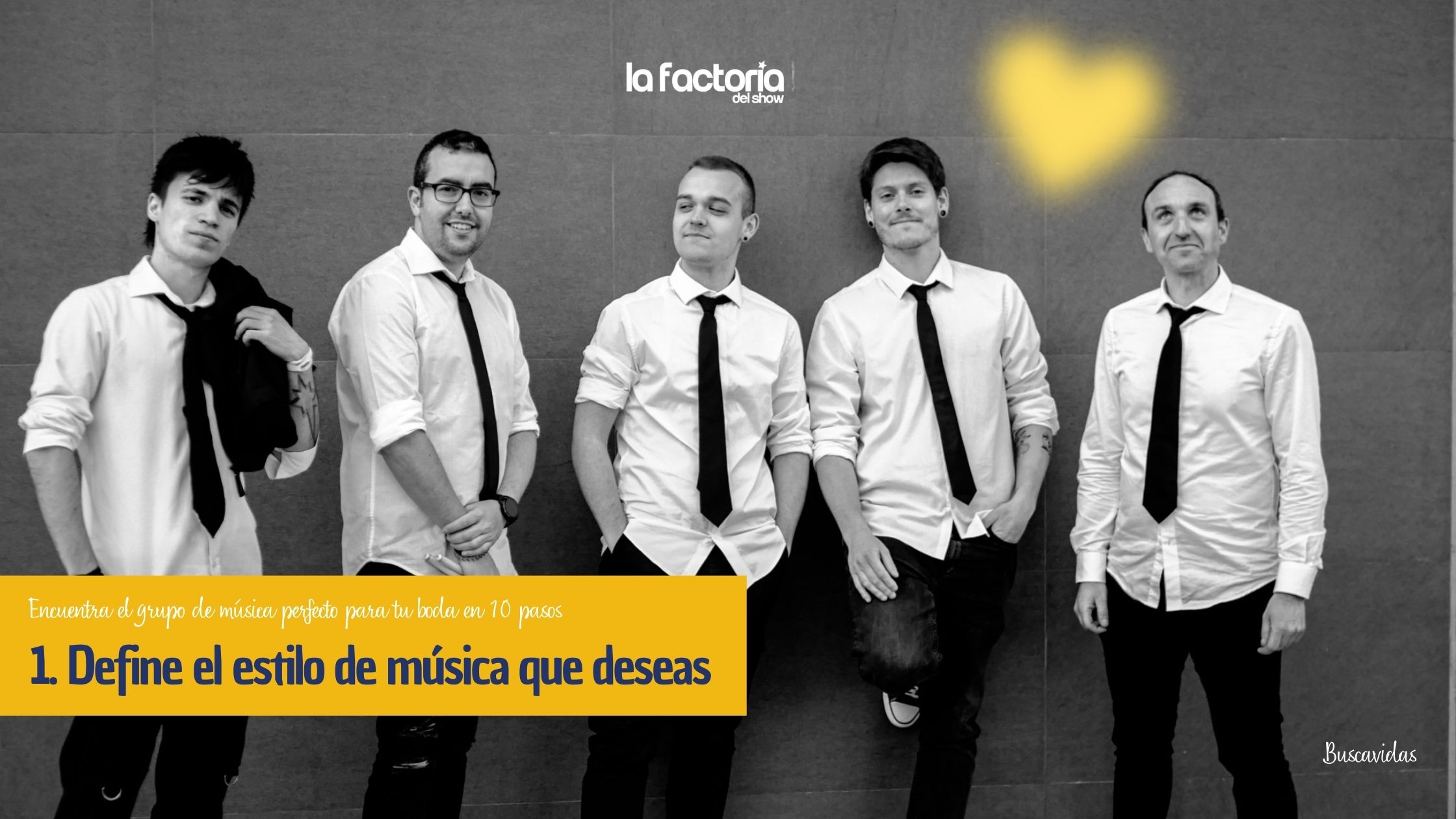Foto de estudio de Buscavidas, un grupo de versiones asturiano que trabaja en bodas y todo tipo de eventos. Buscavidas versionan pop rock español de todos los tiempos, un estilo de música muy demandado en bodas. 