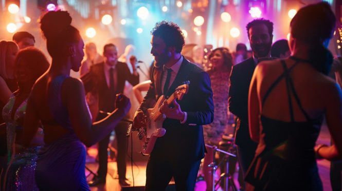 Músicos para eventos tocando en directo en una fiesta de empresa mientras la gente canta y se divierte.