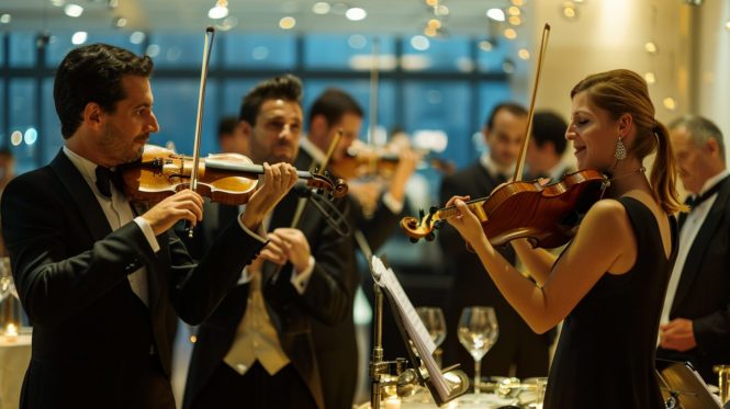 Músicos para eventos corporativos tocando el violín en un evento de empresa.